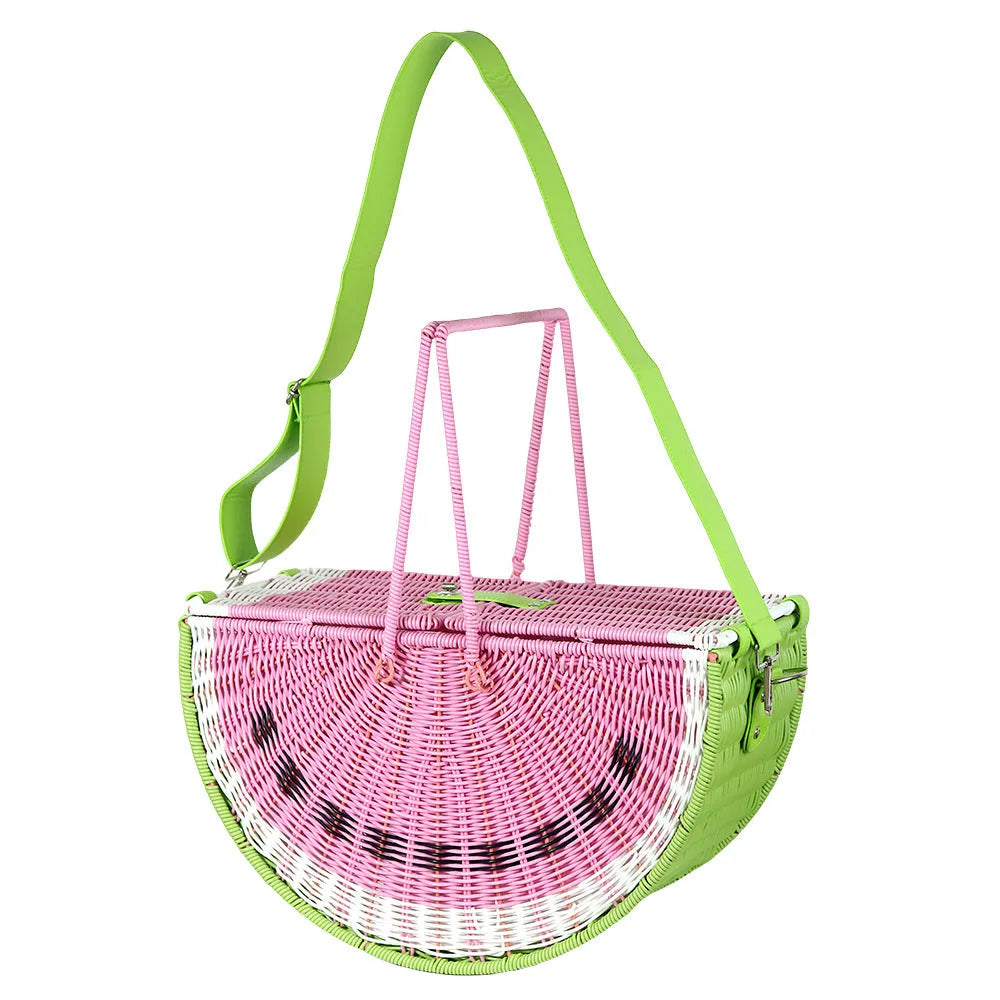 Green hand-held woven PP picnic basket with watermelon design for fruit and vegetable storage