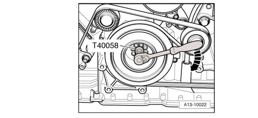 Aodi T40058 crankshaft rotating sleeve and timing tool adapter for engine service.