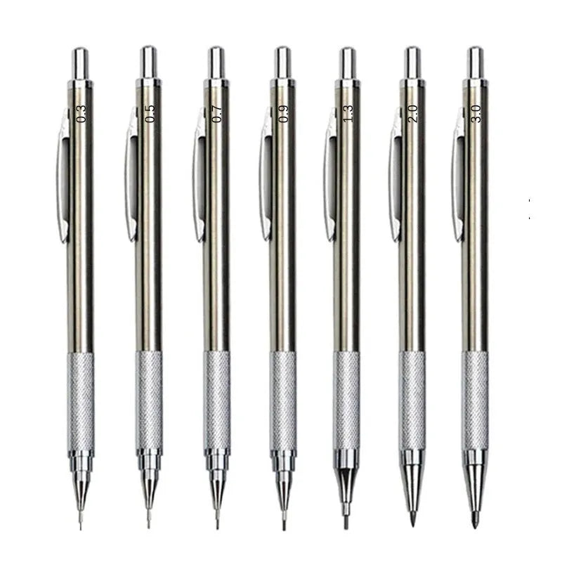 Metal automatic mechanical pencil showing six compatible lead sizes from 0.3mm to 2.0mm