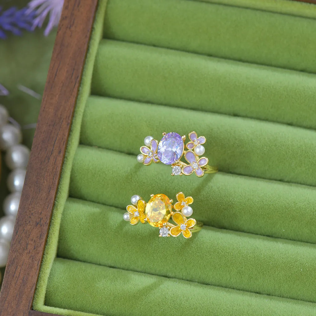 Flower pearl zircon open ring in yellow or light purple with floral design and adjustable opening
