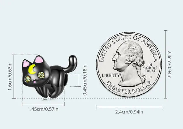 925 silver moon cat charm bead with black gold plating, height 1.6 cm, hole 0.45 cm