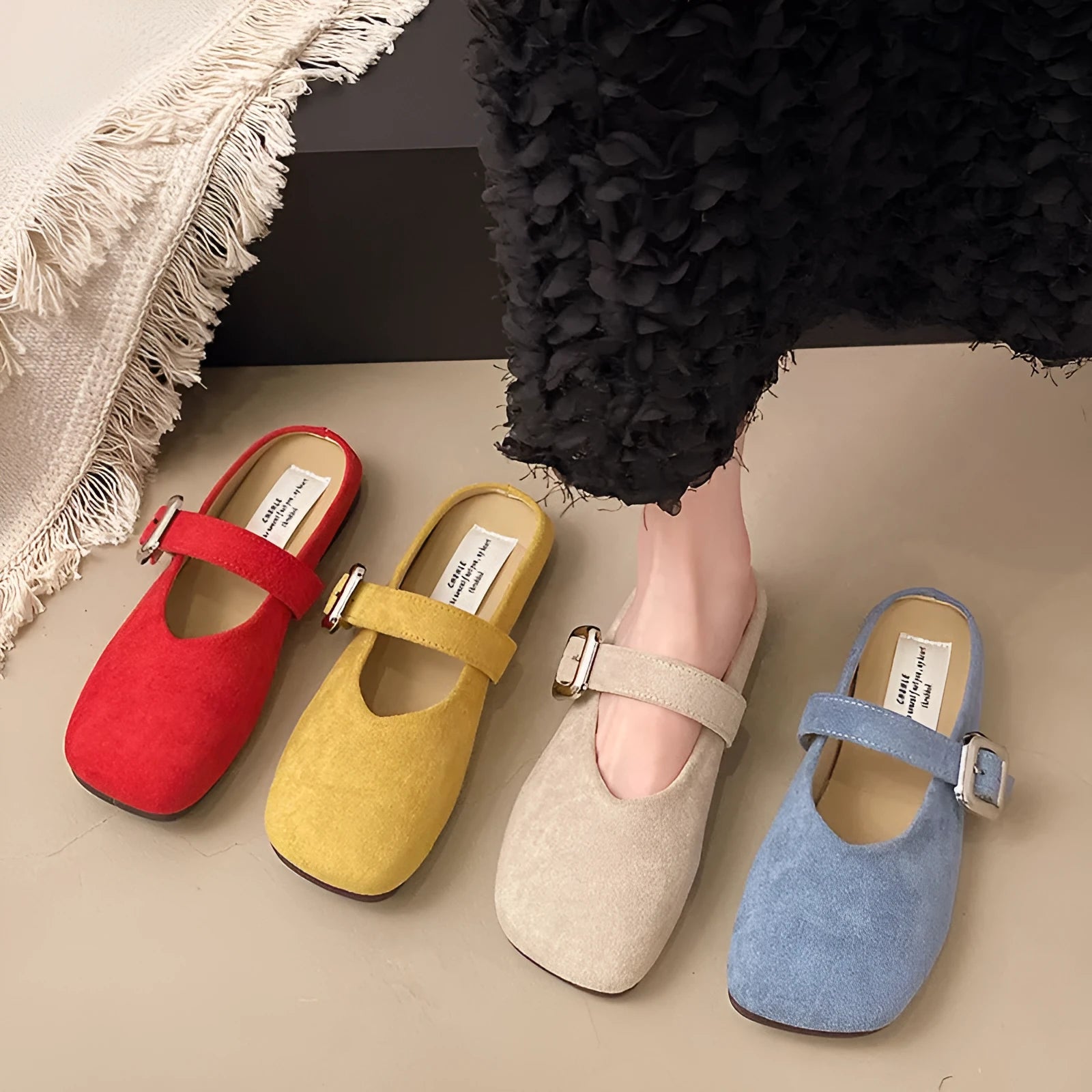 Women's flat half slippers with closed toe square head design in multiple colour options