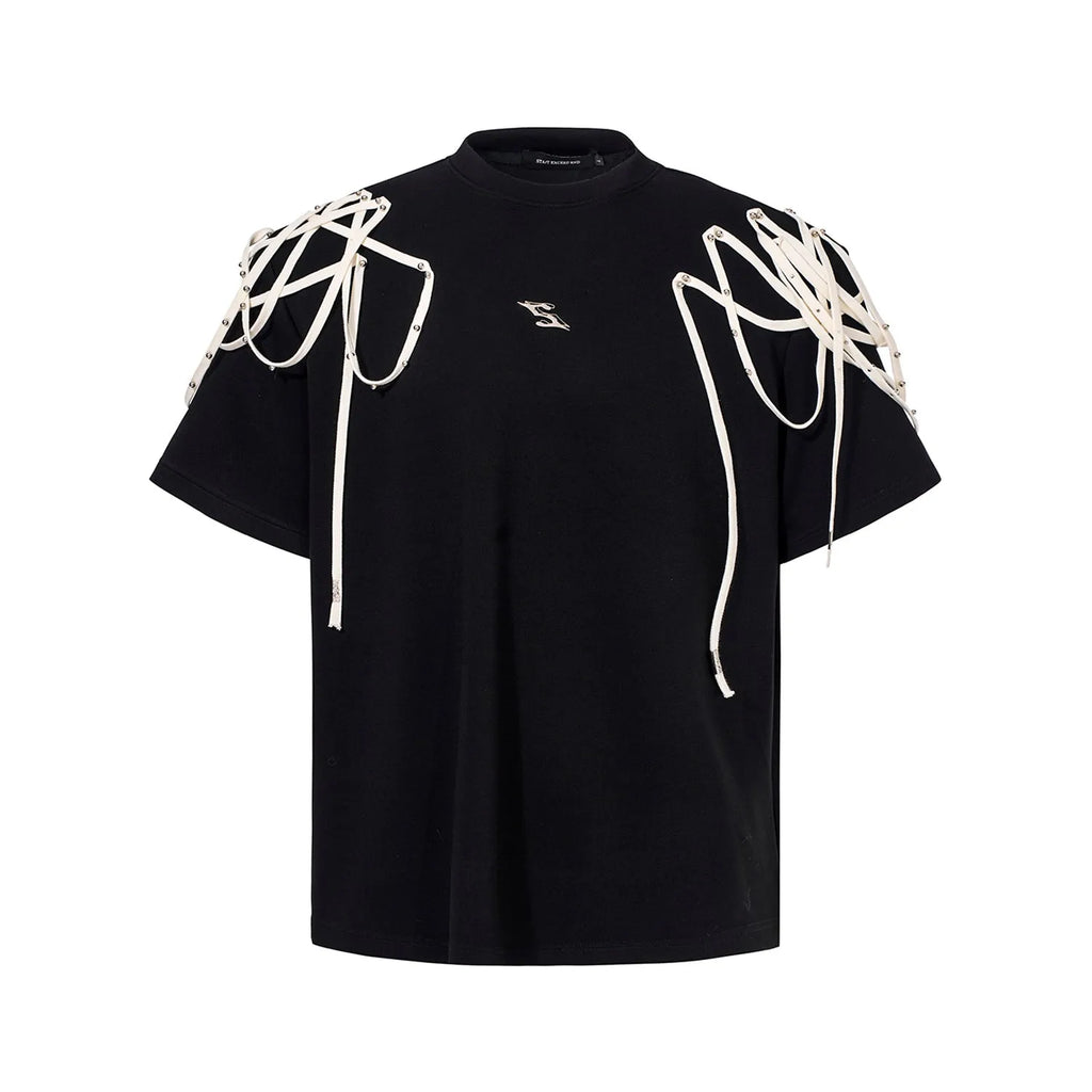 Black loose fit short sleeve t-shirt with padded shoulders and decorative rivet ribbon detail.