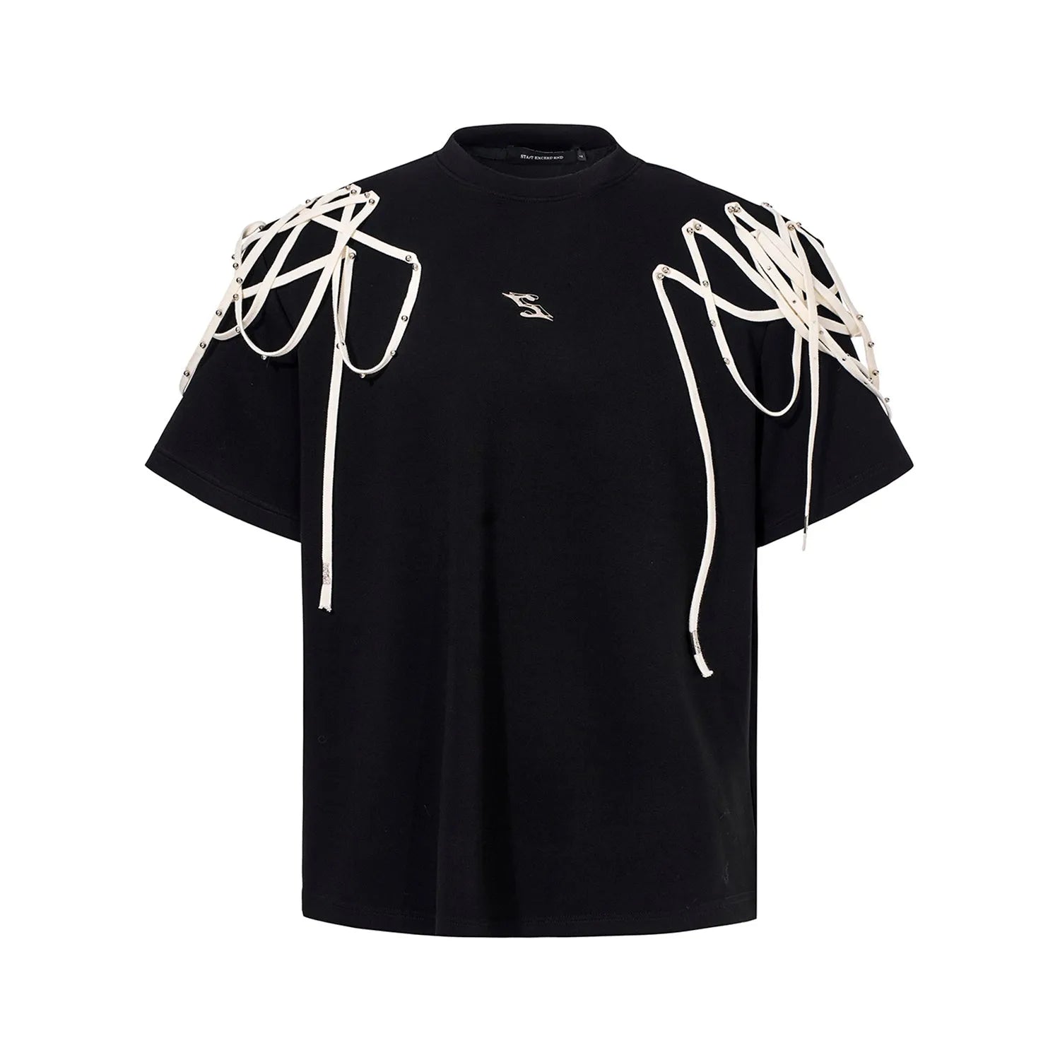 Black loose fit short sleeve t-shirt with padded shoulders and decorative rivet ribbon detail.