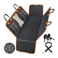 Black waterproof pet mat for car rear seats with orange trim, shown laid flat on a seat