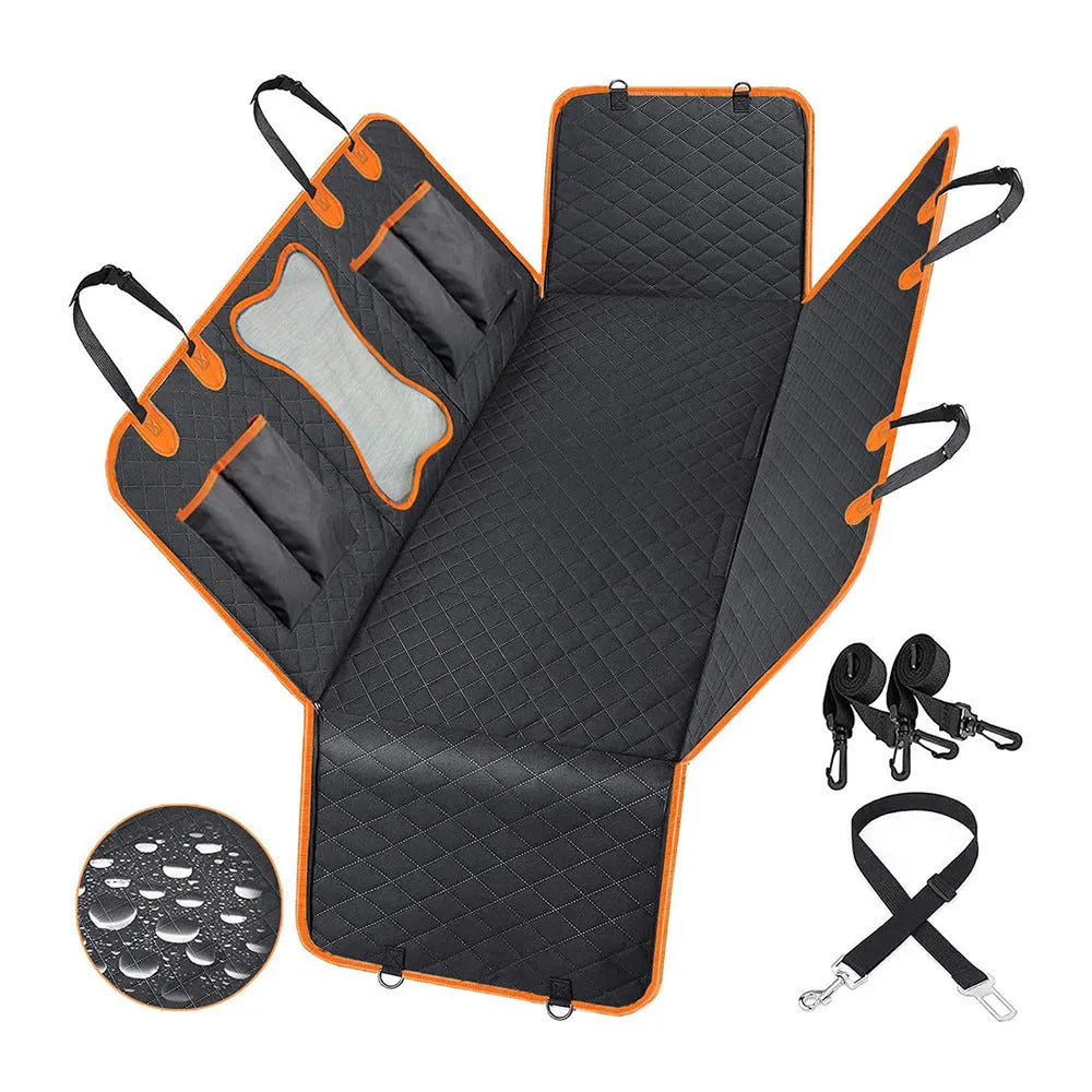 Black waterproof pet mat for car rear seats with orange trim, shown laid flat on a seat