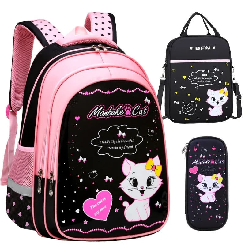 Kids school cute cat print backpack in nylon with zipper opening and computer pocket