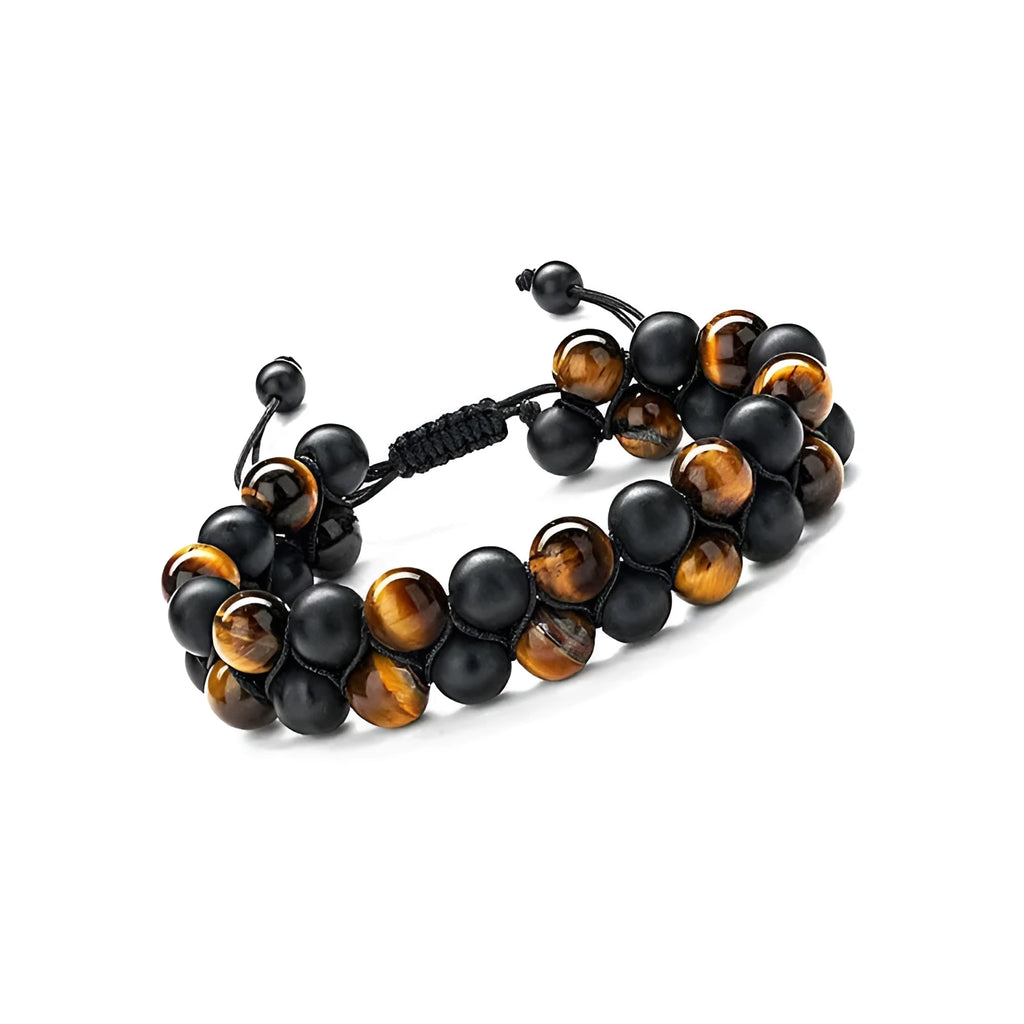 Men's black and gold tiger eye stone woven bracelet with magnetic clasp showing geometric pattern