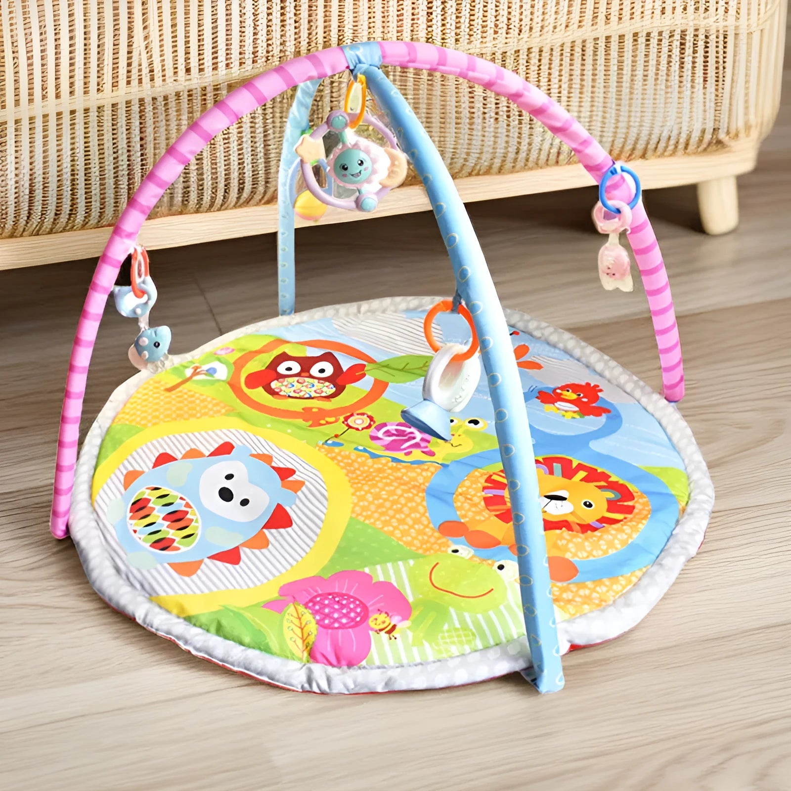 Velvet baby gymnastics rack game blanket with animal print design for crawling and ability training.