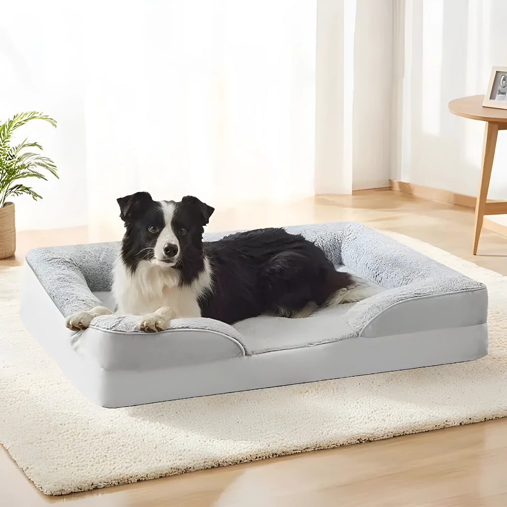 Grey waterproof dog bed with soft fleece lining and raised edges, size L 90x65x16cm