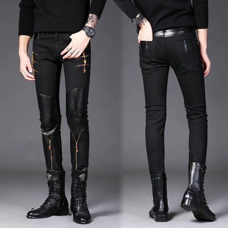 Slim-fit black synthetic leather straight-leg trousers with mid-waist and button fly for youth