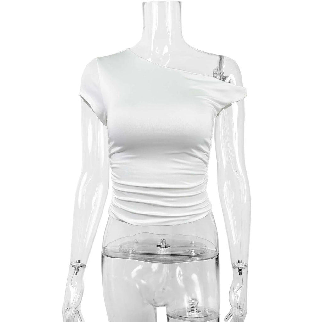 Women's white polyester slim fit pullover top with oblique shoulder neckline and raglan sleeves