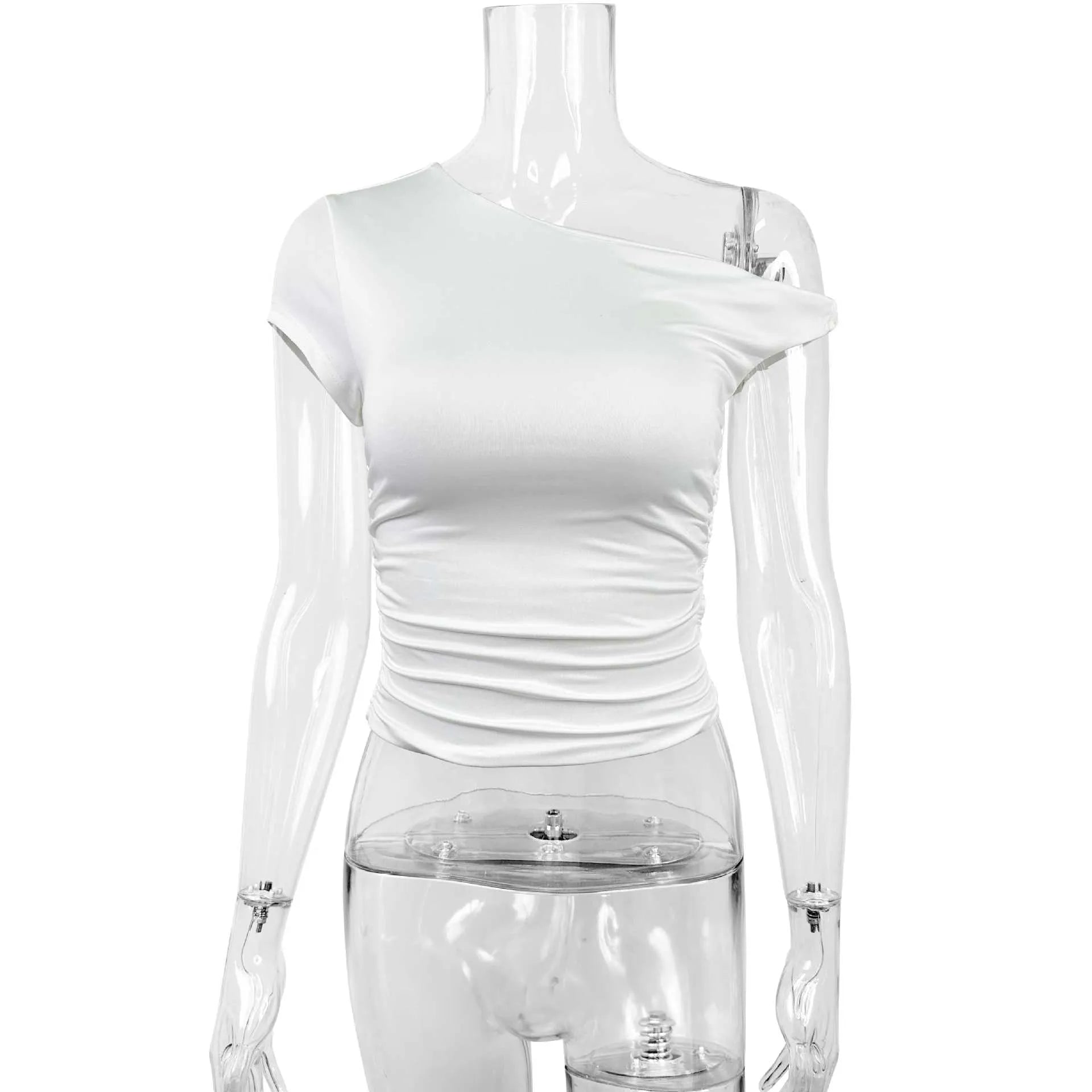 Women's white polyester slim fit pullover top with oblique shoulder neckline and raglan sleeves