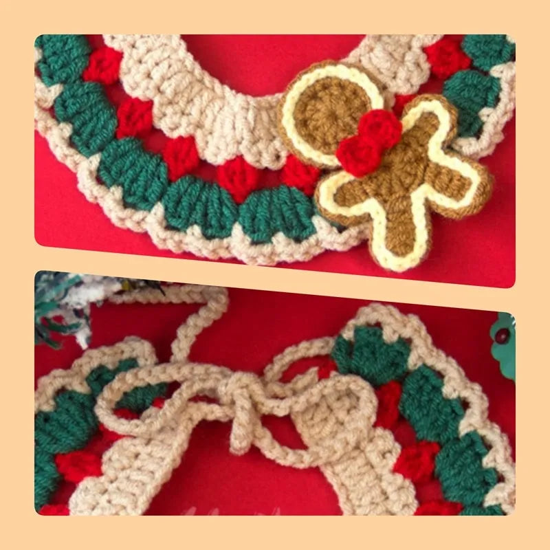 Adjustable Christmas knit pet collar with crochet Elk pattern, soft yarn, sizes L and M for cats and dogs