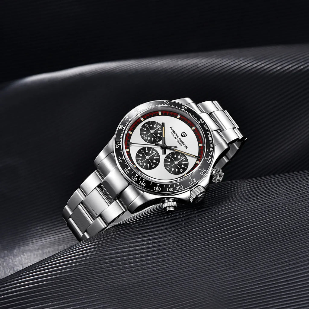 Berjani men's chronograph watch with black dial and stainless steel bracelet showing chronograph subdials