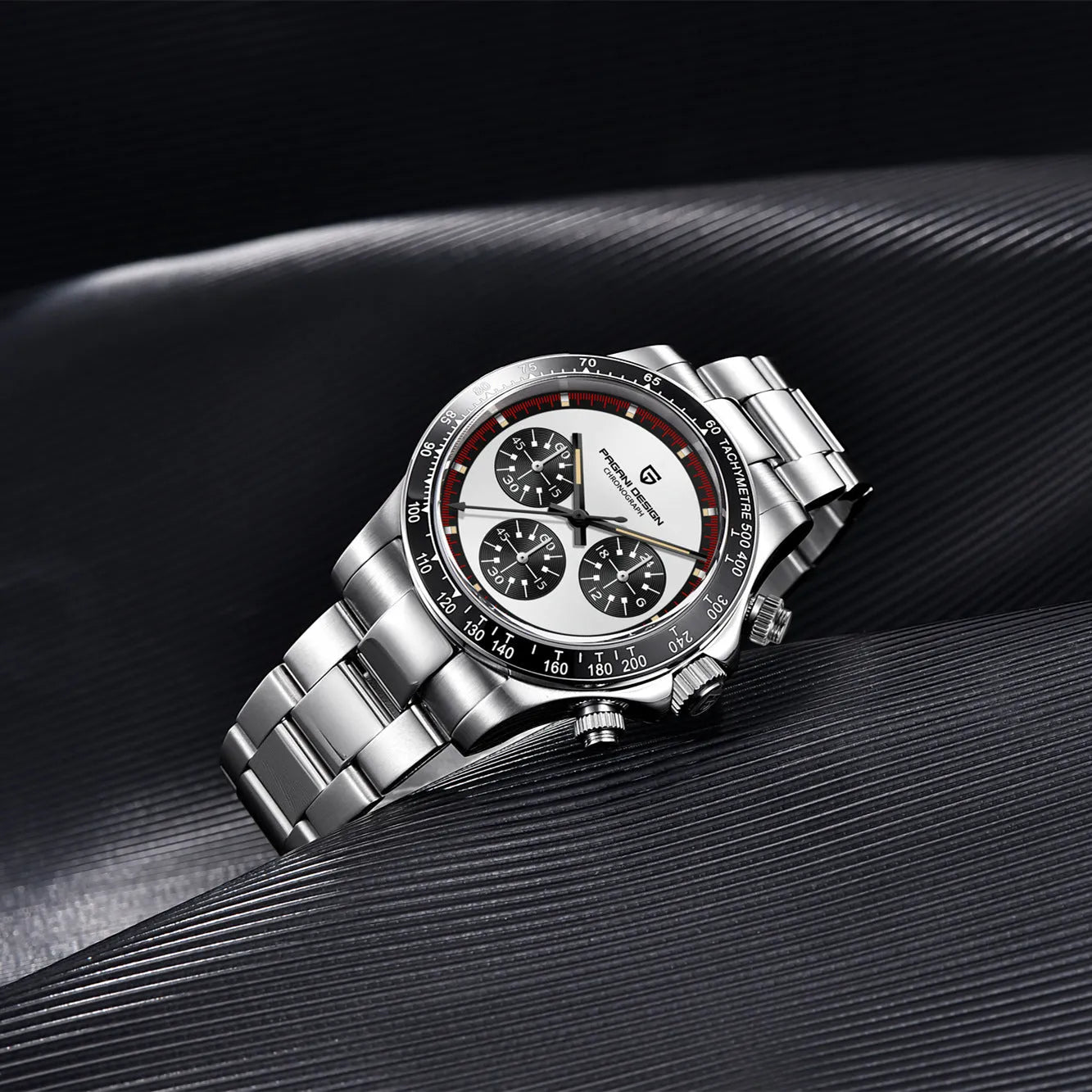 Berjani men's chronograph watch with black dial and stainless steel bracelet showing chronograph subdials