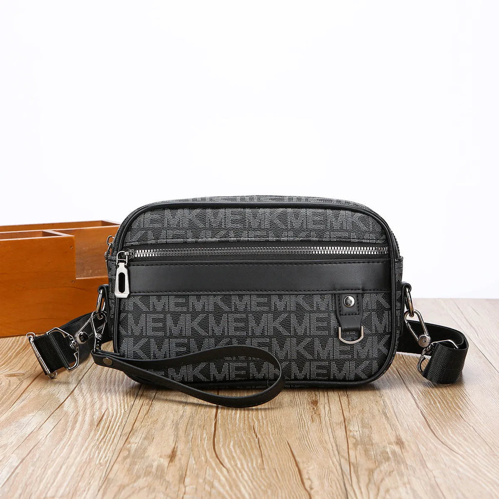 Men casual shoulder messenger bag horizontal large capacity PU geometric pattern in black colourway