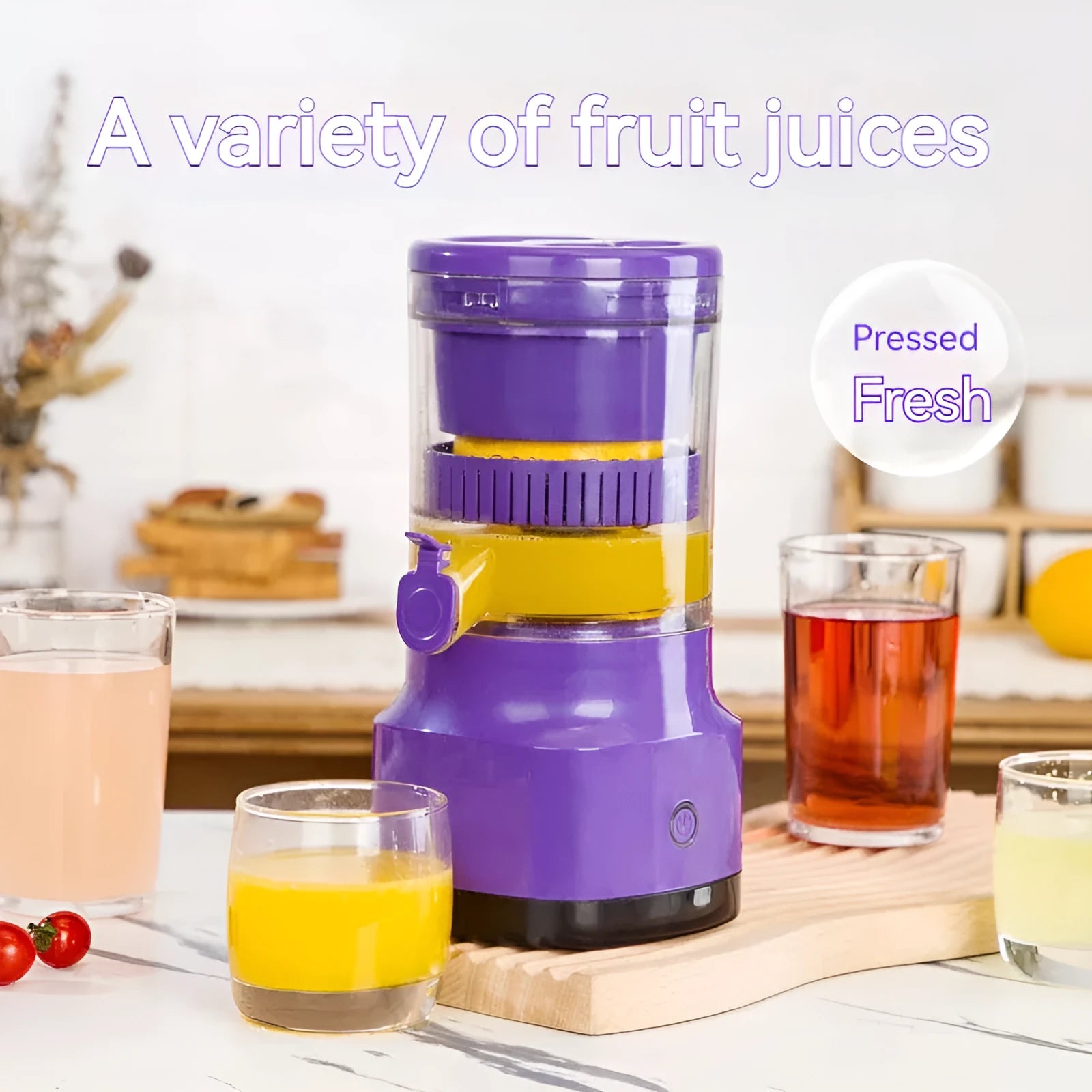 Purple USB rechargeable electric citrus juicer with cone-shaped reamer and 2400mAh battery