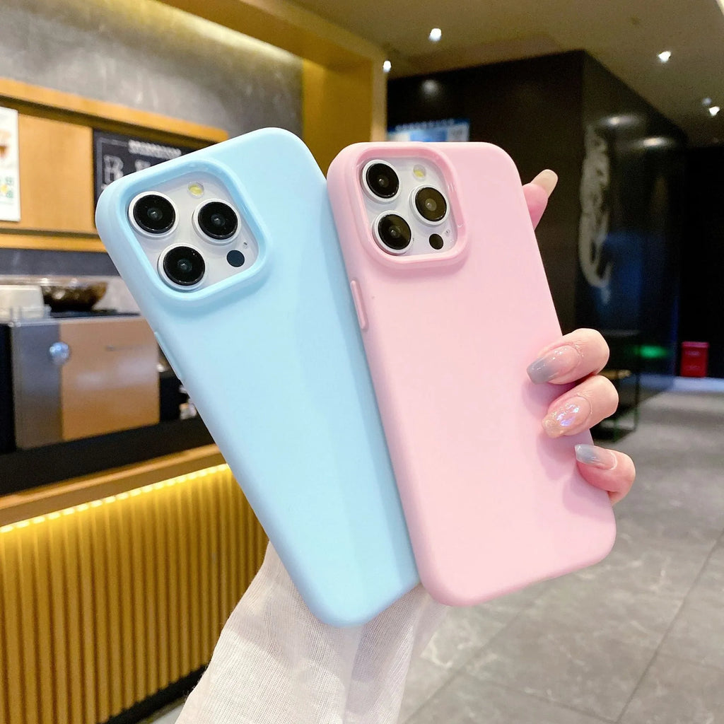 Liquid silicone dopamine phone case for Apple iPhone in blue, purple, and orange colour options