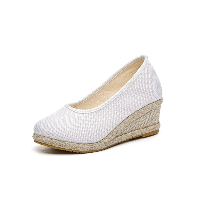 Women's high heel pointed straw wedge pumps in beige with cotton cloth upper and square toe