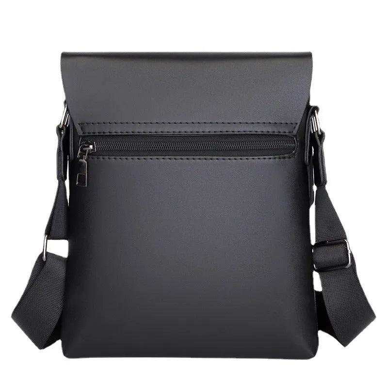 Men's crossbody PU leather messenger bag square vertical section plaid pattern black cover opening