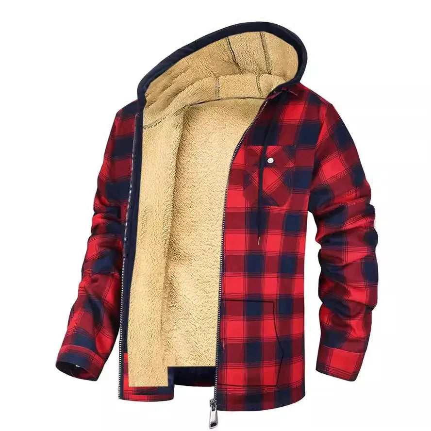 Men's plaid print hooded zip-up jacket, winter thickened cotton-padded coat, M-4XL, multiple colours