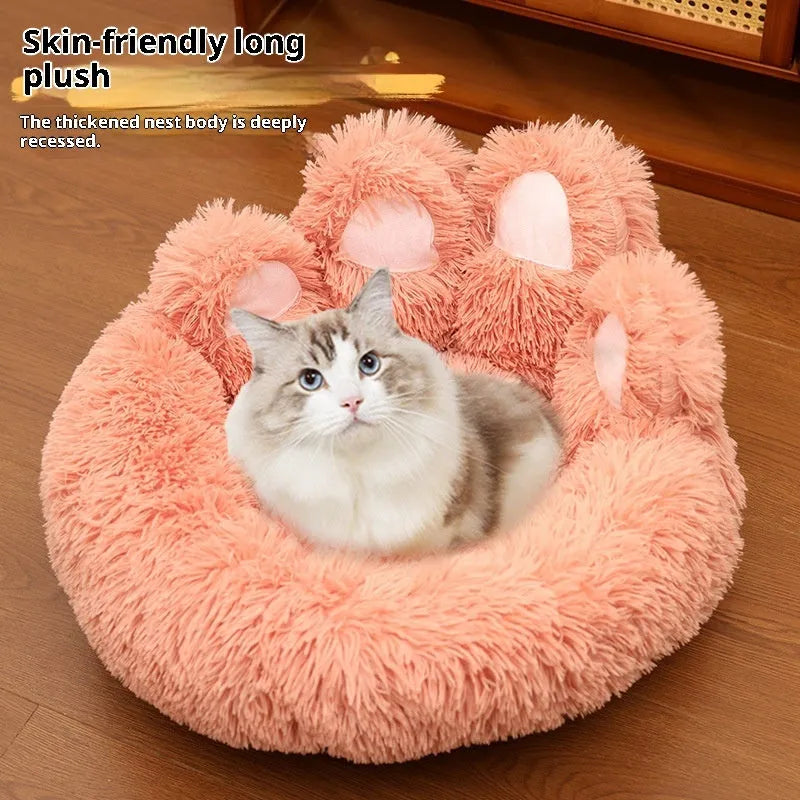 Plush kennel thickened pet bed in coffee colour with hand-shaped brush nest design on a white background