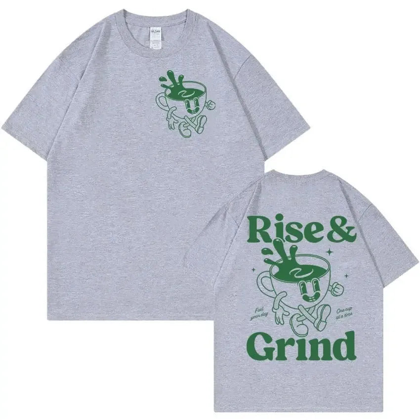 Men's loose fit linen blend t-shirt with Rise And Grind green coffee cartoon print design