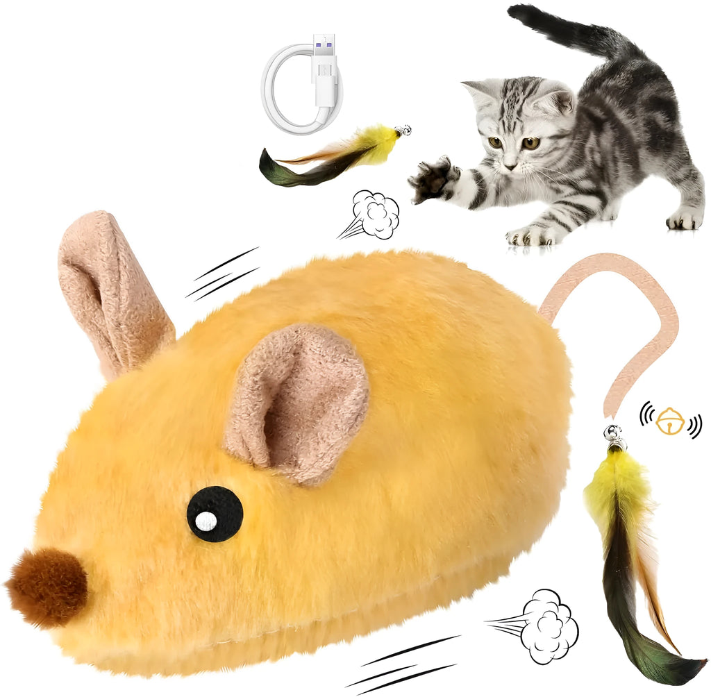 Interactive plush cat mouse toy with feather tail and LED lights for indoor feline enrichment