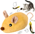 Interactive plush cat mouse toy with feather tail and LED lights for indoor feline enrichment