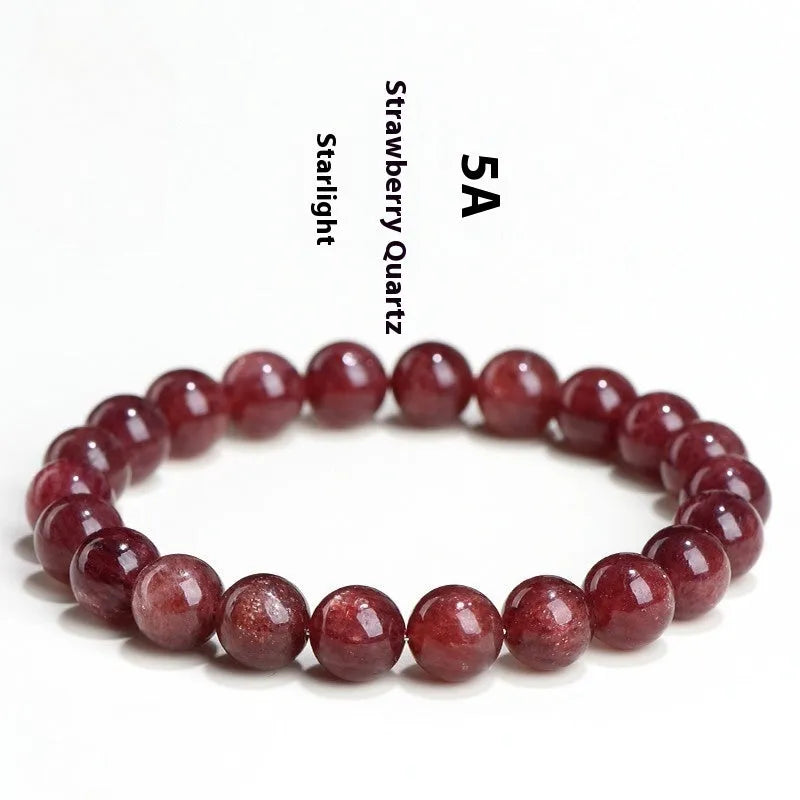 Geometric bead strawberry quartz bracelet in Starlight colour on a wrist, showing size options.