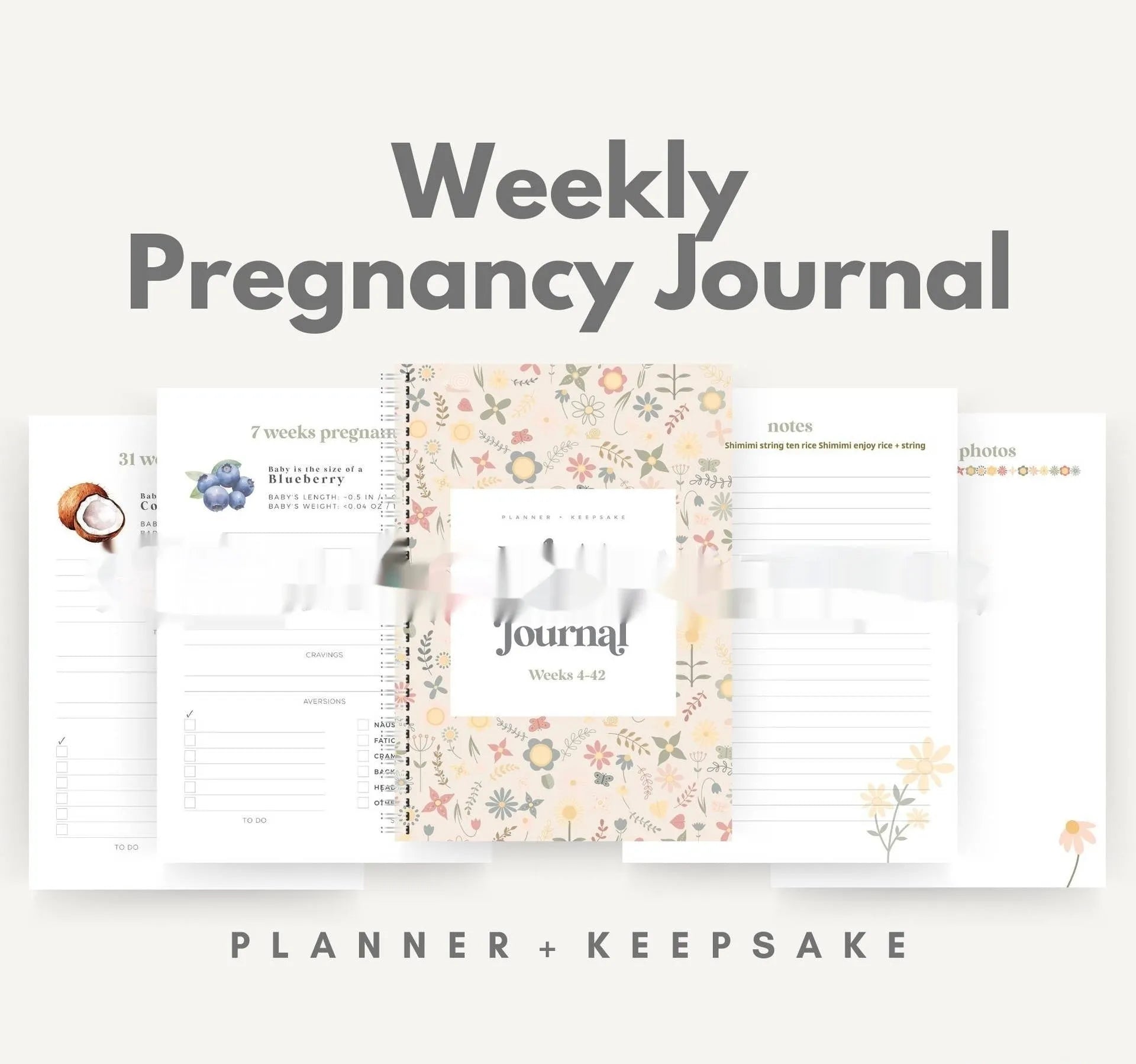 A5 size weekly pregnancy diary notebook open on a page showing weekly layout