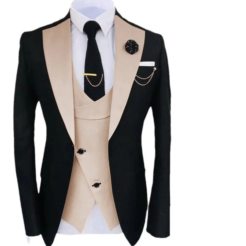 Men's slim fit cotton three-piece suit in charcoal grey with coat, waistcoat, and trousers