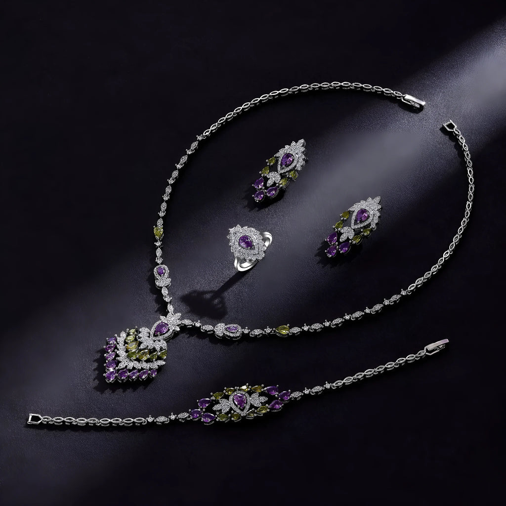 White copper zircon inlay floral pattern women's jewellery set with necklace, earrings, ring, and bracelet