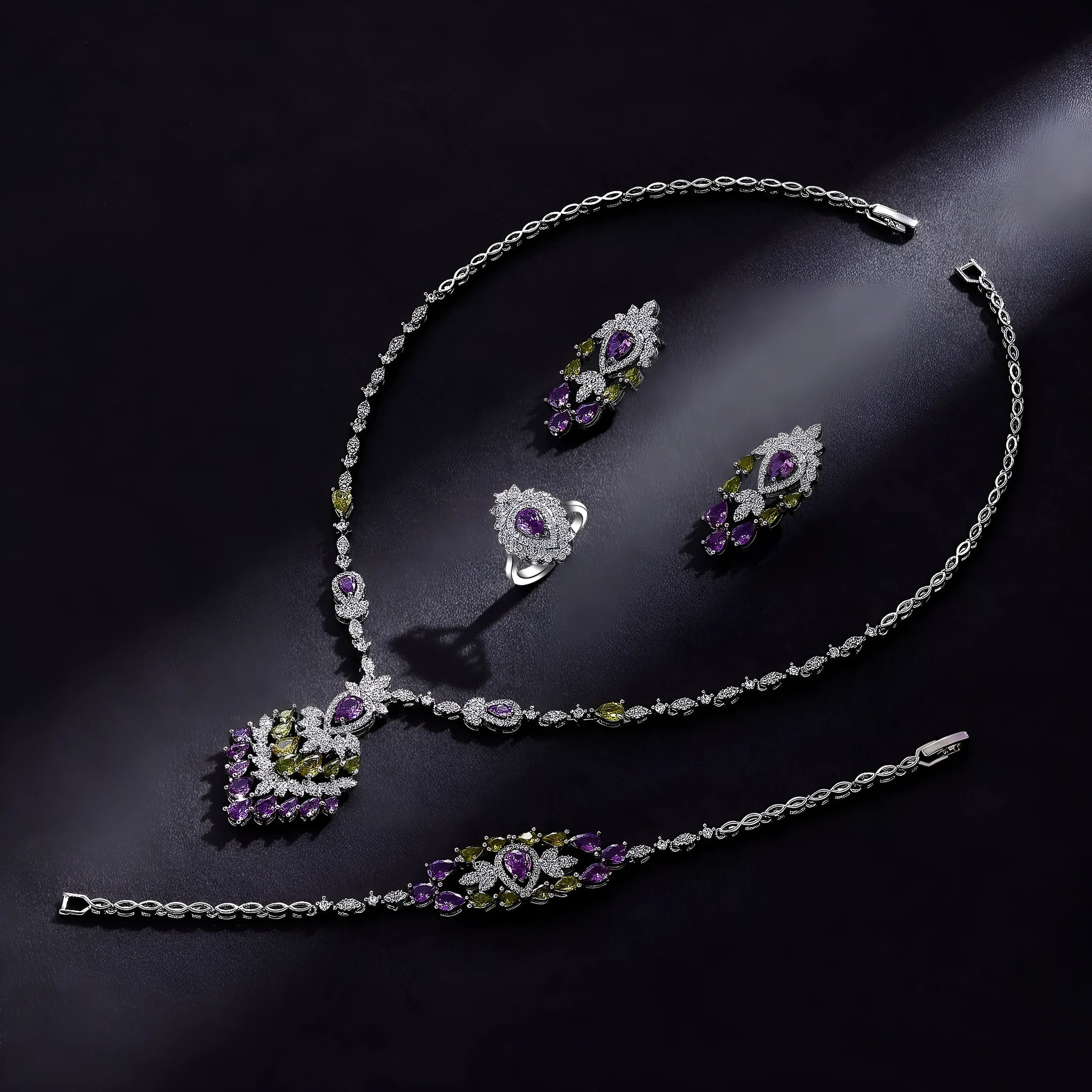 White copper zircon inlay floral pattern women's jewellery set with necklace, earrings, ring, and bracelet