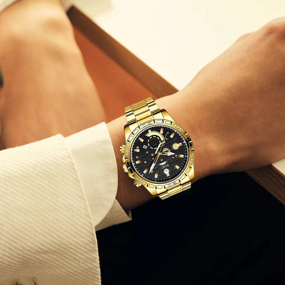 Men's gold stainless steel business quartz watch with date display on a metal bracelet.