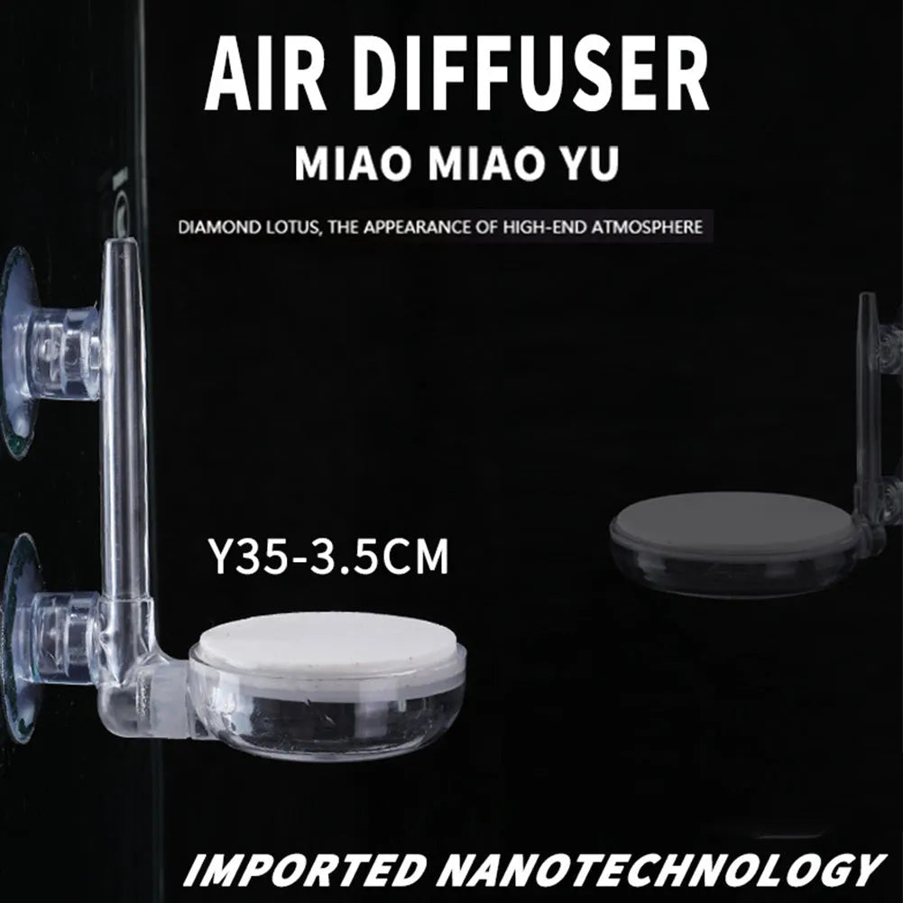 White transparent PC aquarium air refiner with nano bubbles and suction cups, shown on glass tank