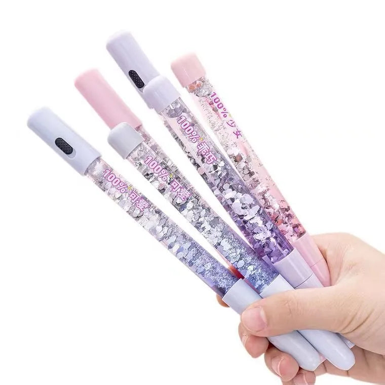 Luminous glitter quicksand pen with 0.5mm tip and black ink, 16cm plastic barrel, blue colour