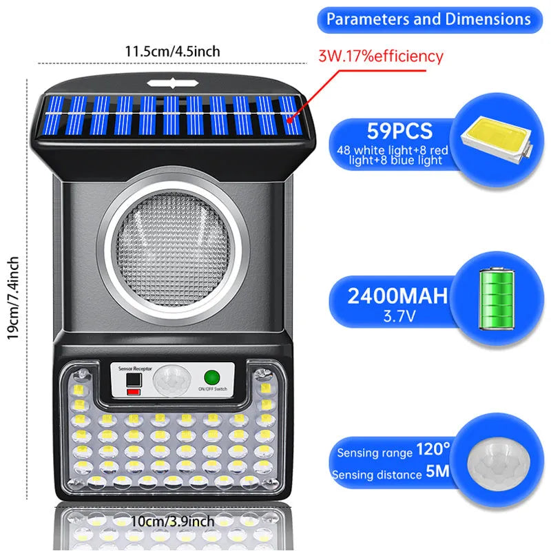 Outdoor solar LED wall light with 59 bulbs, motion sensor and remote control mounted on a brick wall