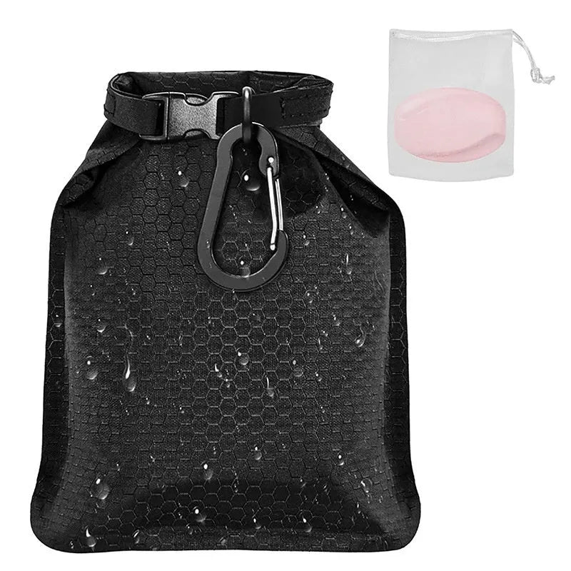 White plastic mesh soap bag with bubble net design, measuring 17 by 13 centimetres.