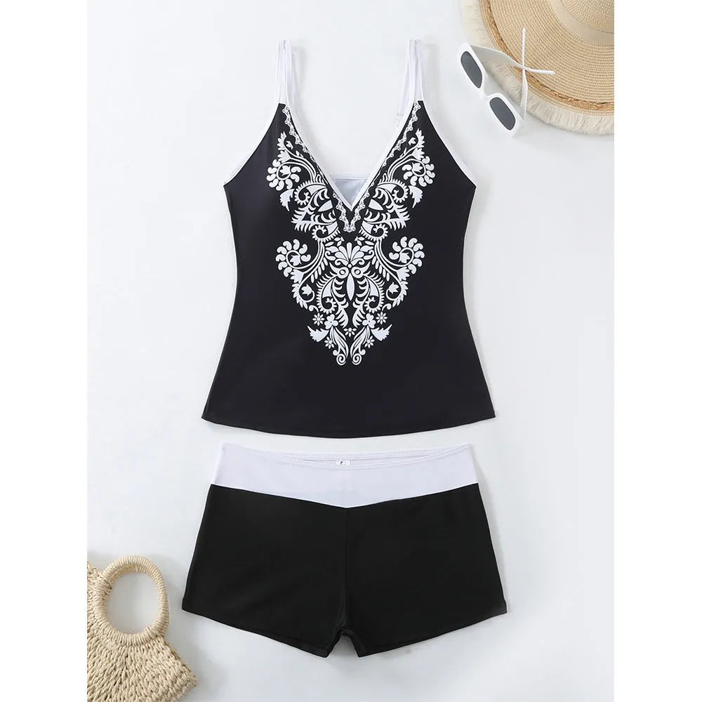 Plus size women's printed swimsuit briefs in black or rose red with cotton lining