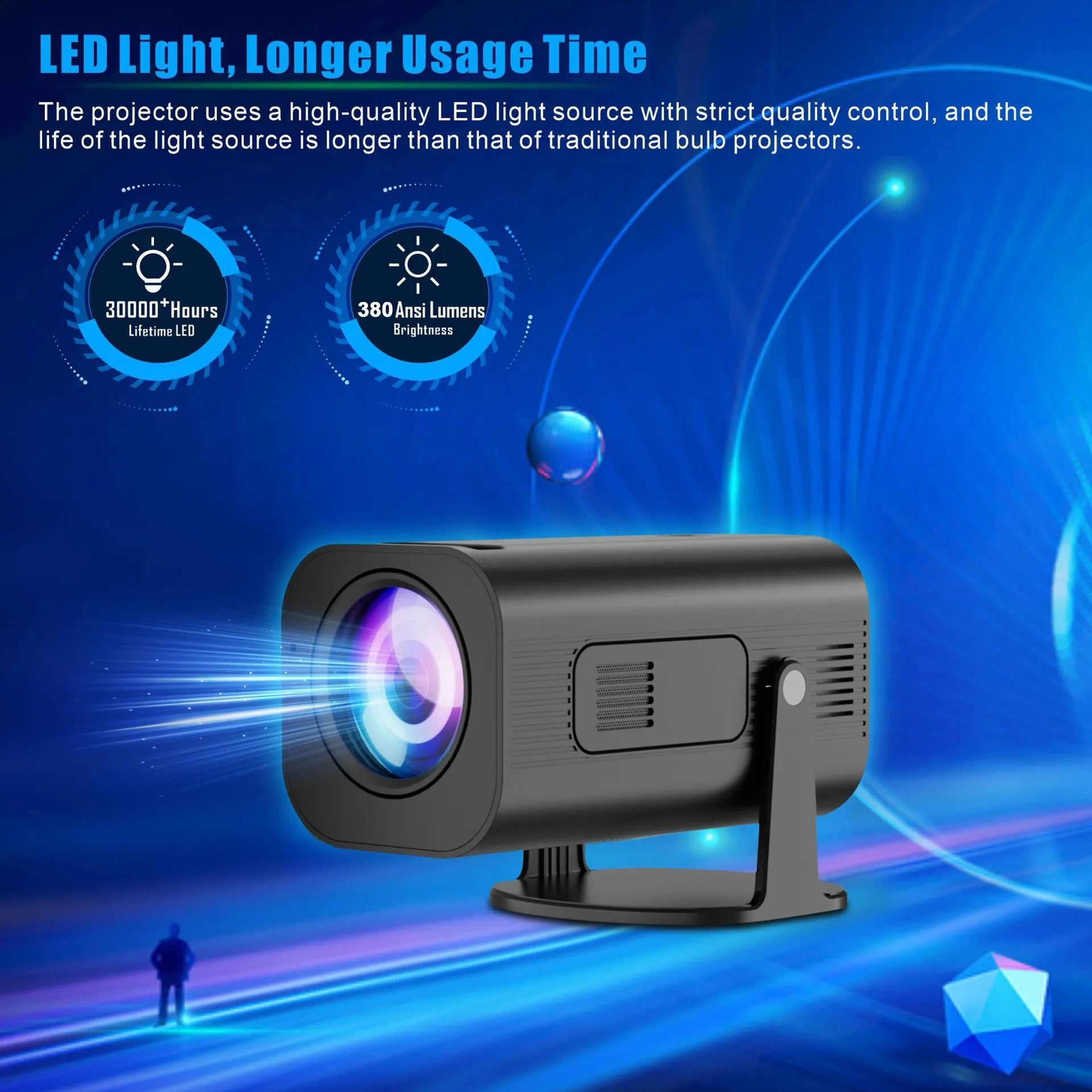 Black and white P330 portable mini projector with remote control on a table.