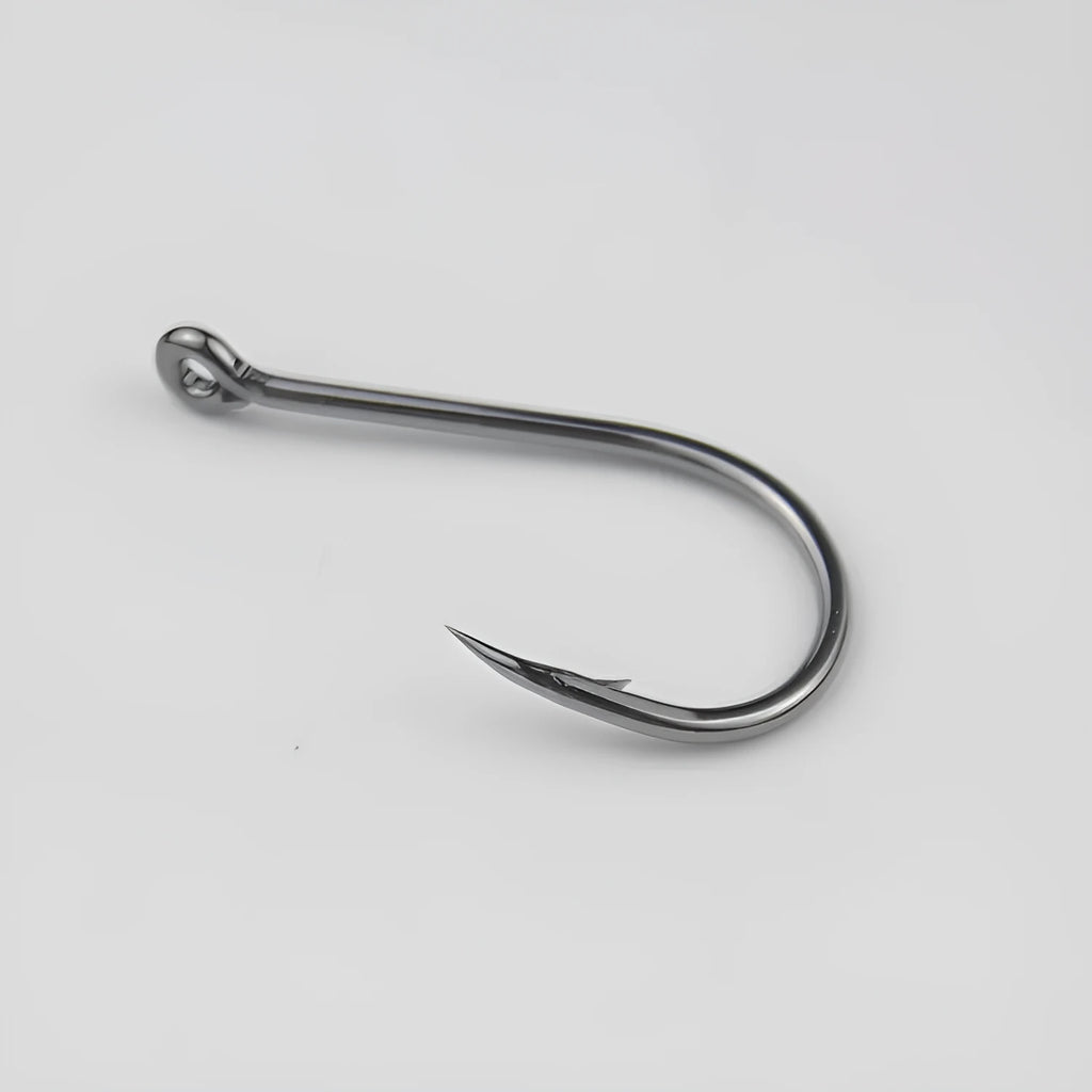 Bulk pack of barbed fishing hooks with crooked mouth and hole ring for sea fishing.
