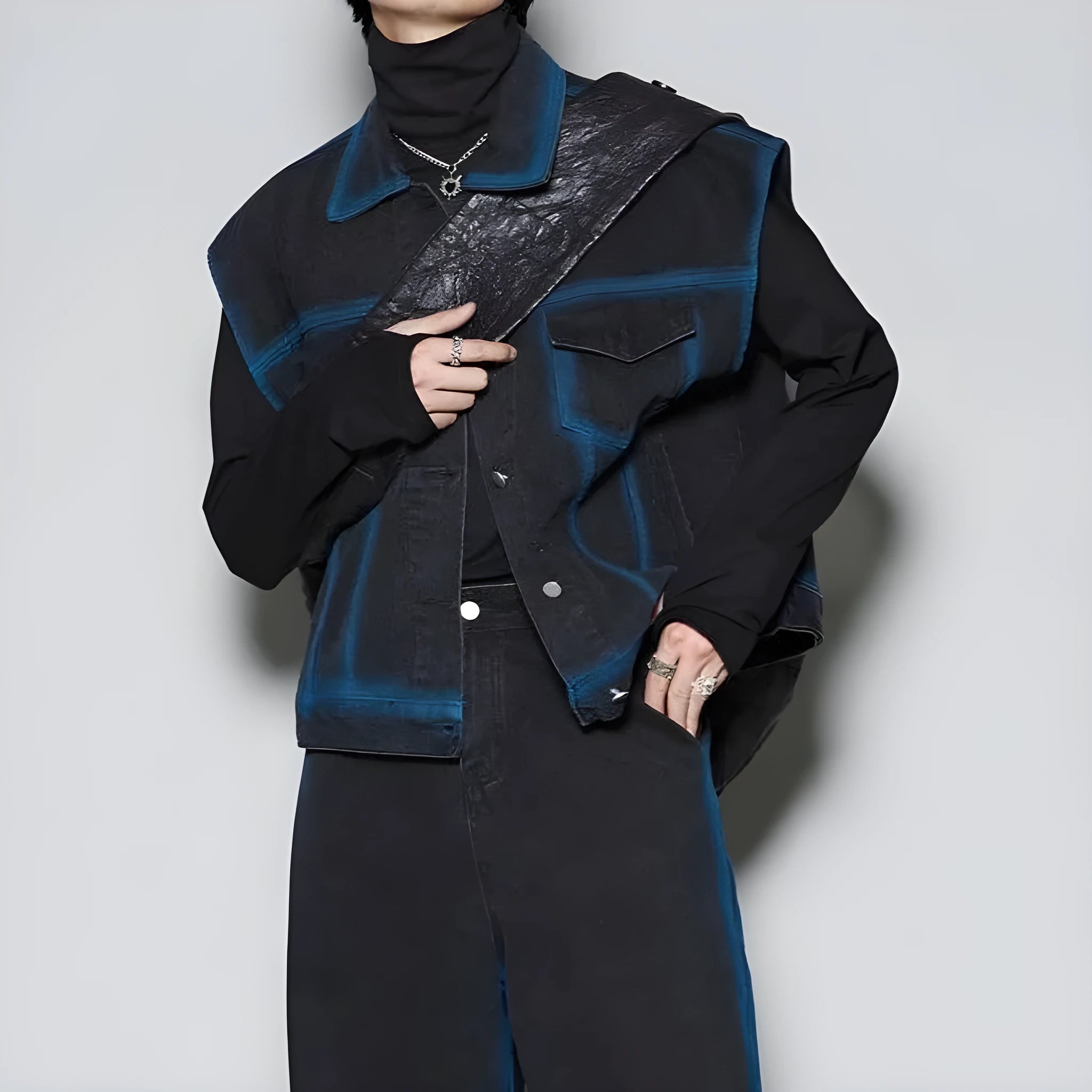 Blue distressed fleece-lined vest and jeans two-piece suit set with a spray colour gradient finish.