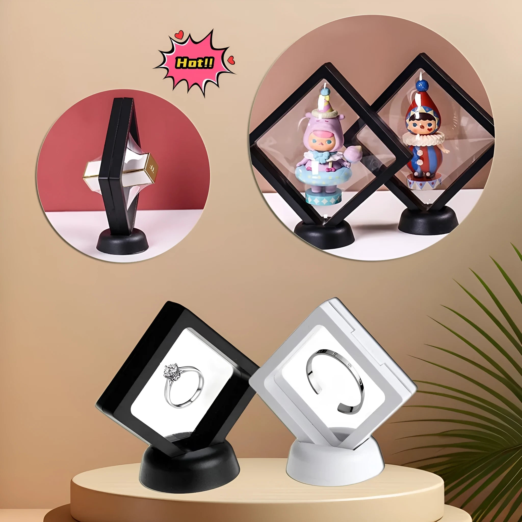 3D floating display case holding a coin suspended between transparent membrane sheets, black frame