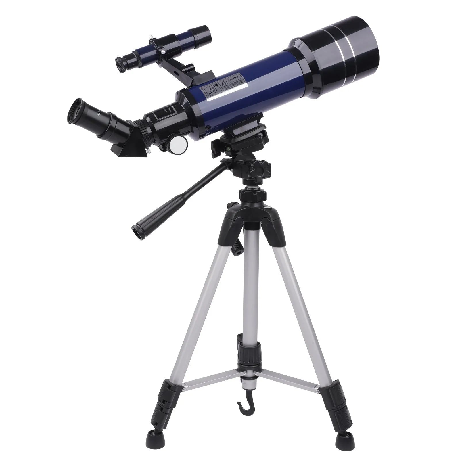 Dark blue children's astronomical monocular telescope on a tripod with optional mobile phone holder attached.