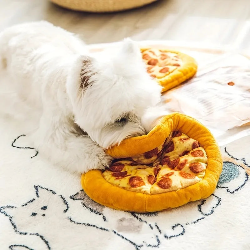Yellow pizza slice plush dog chew toy with textured grinding surface