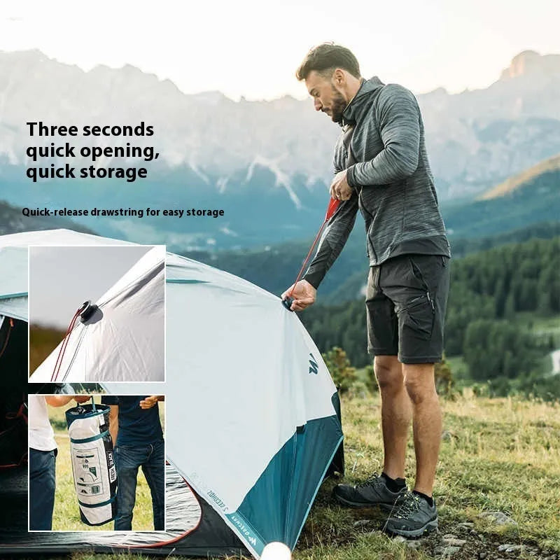 Quick-open blue and white camping tent for two people with FRP poles and polyester base