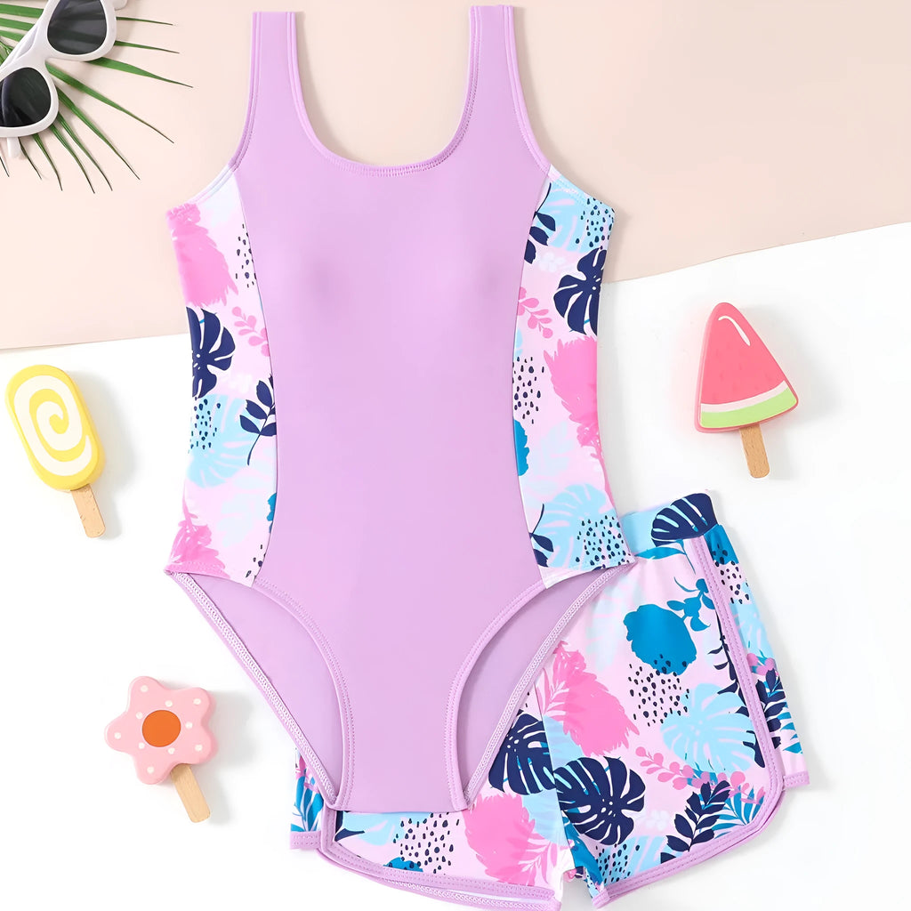 Girls two-piece swimsuit set with one-piece top and boxer shorts in purple, blue, and rose red