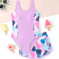 Girls two-piece swimsuit set with one-piece top and boxer shorts in purple, blue, and rose red